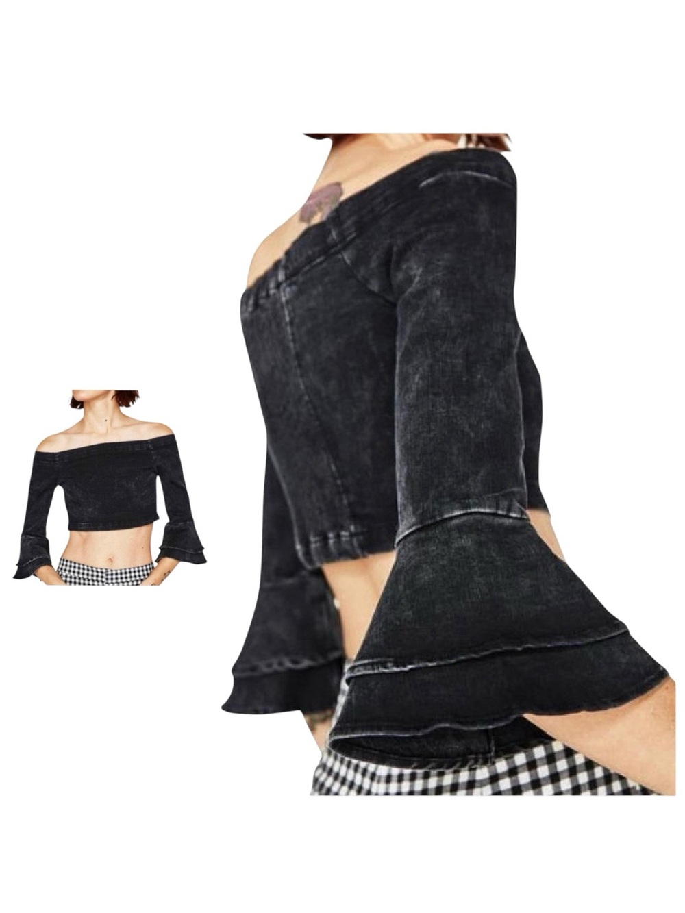 Zara Denim Off Shoulder Ruffle Bell Sleeve Crop Top Black Size XS NWT